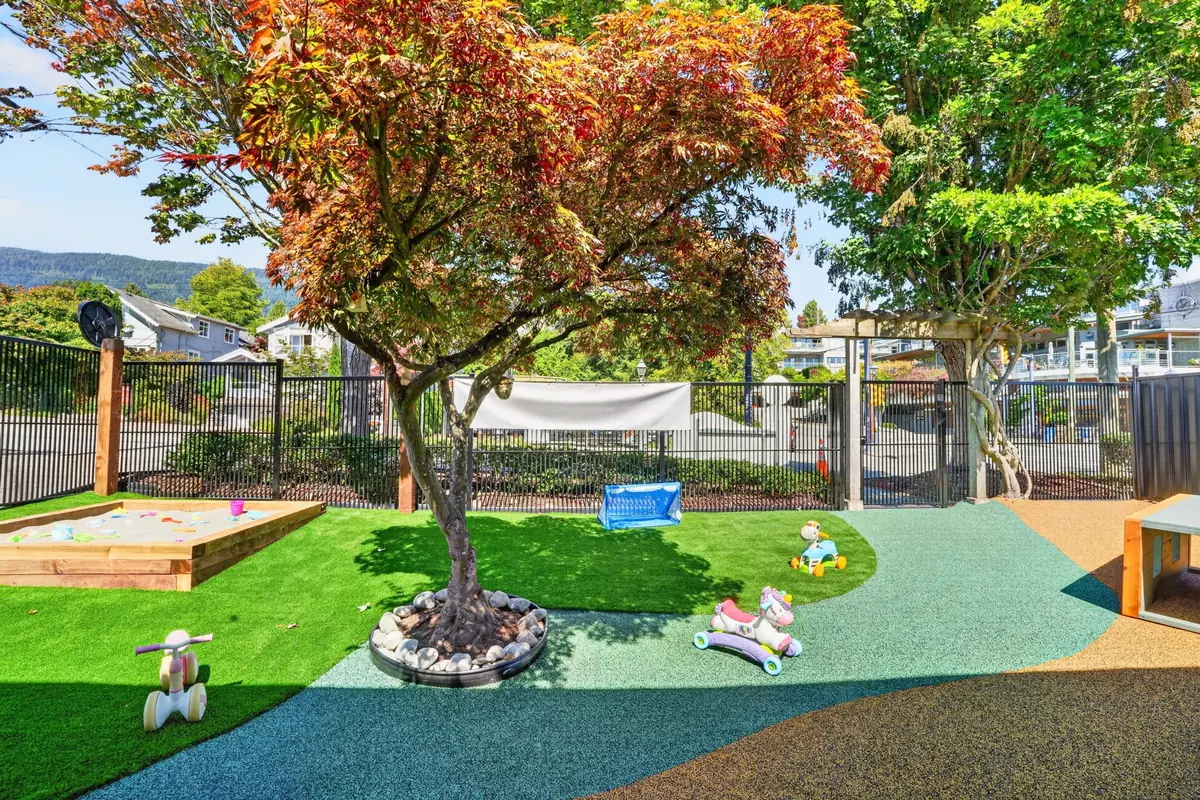 MIM outdoor play yard with a shade tree, turf, a sandbox and ride-on toys